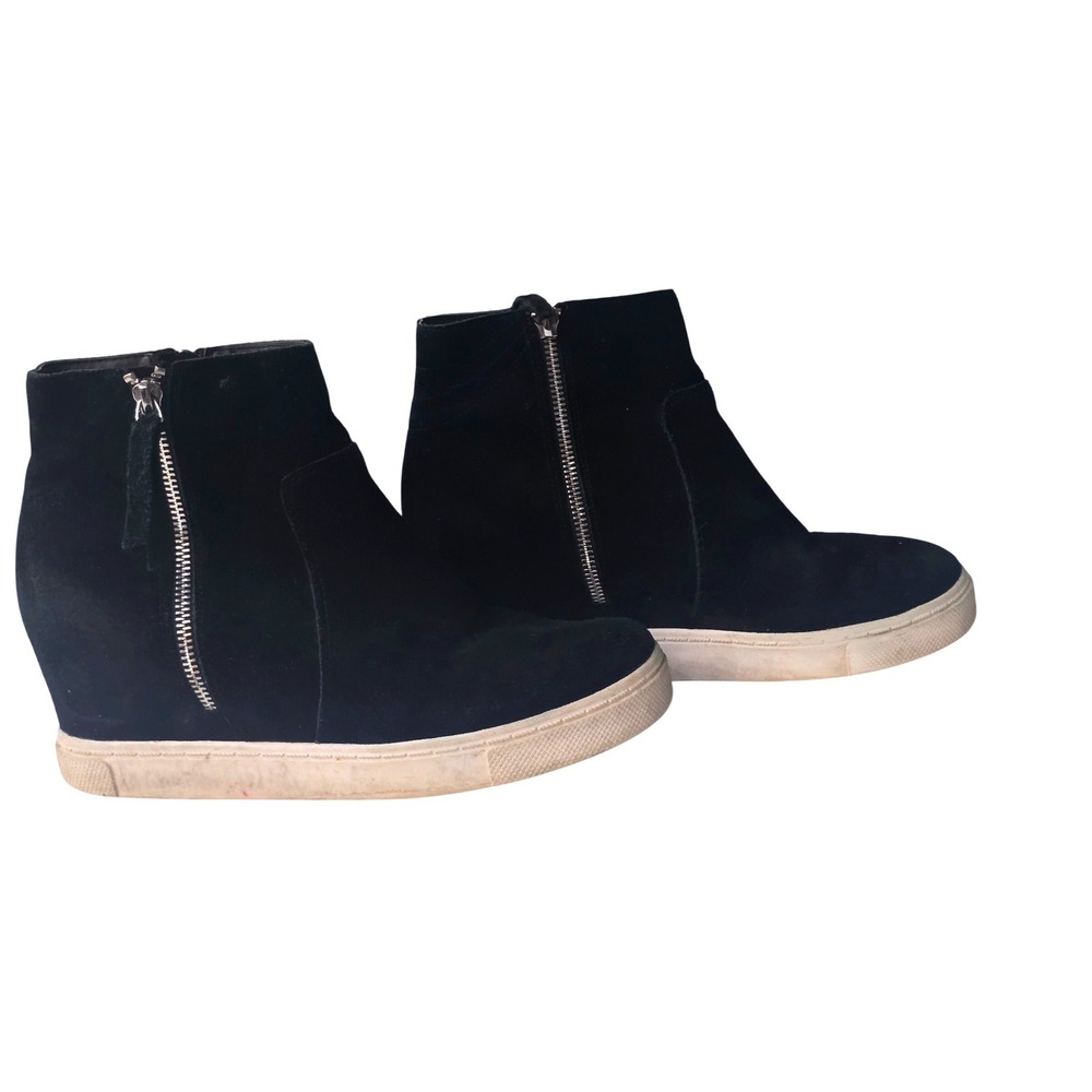 Steve Madden Black Suede Wedge Sneakers Side Zip Ankle Boots 9.5 Womens 3" Heel